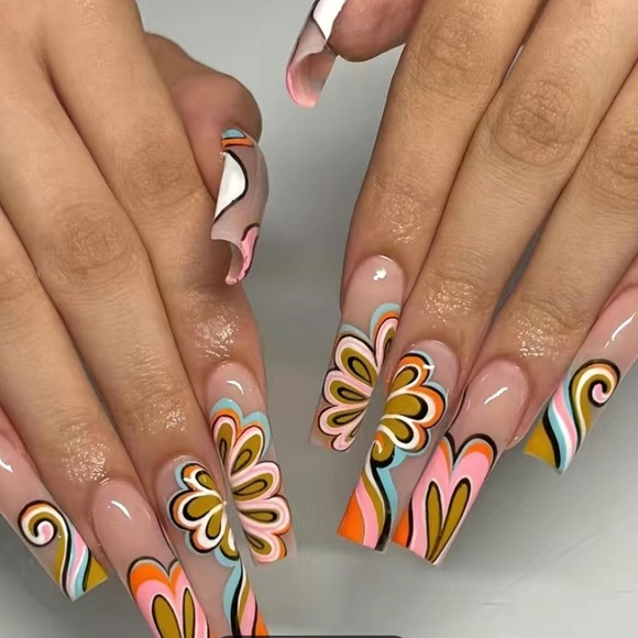 Accessories - 24pcs Glossy Long Square Pinkish Press On Nails Colorful Flower Sea Wave Design